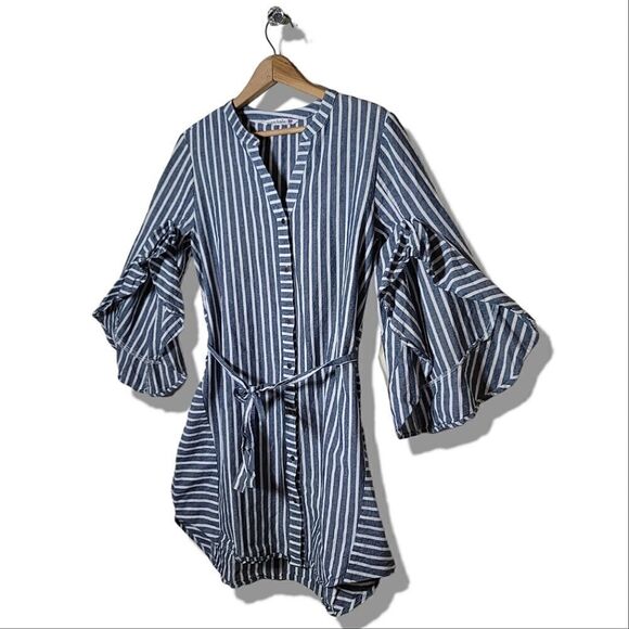 Given Kale Pinstripe Ruffle Split Bell Sleeve Waist Tie Tunic - Picture 3 of 5